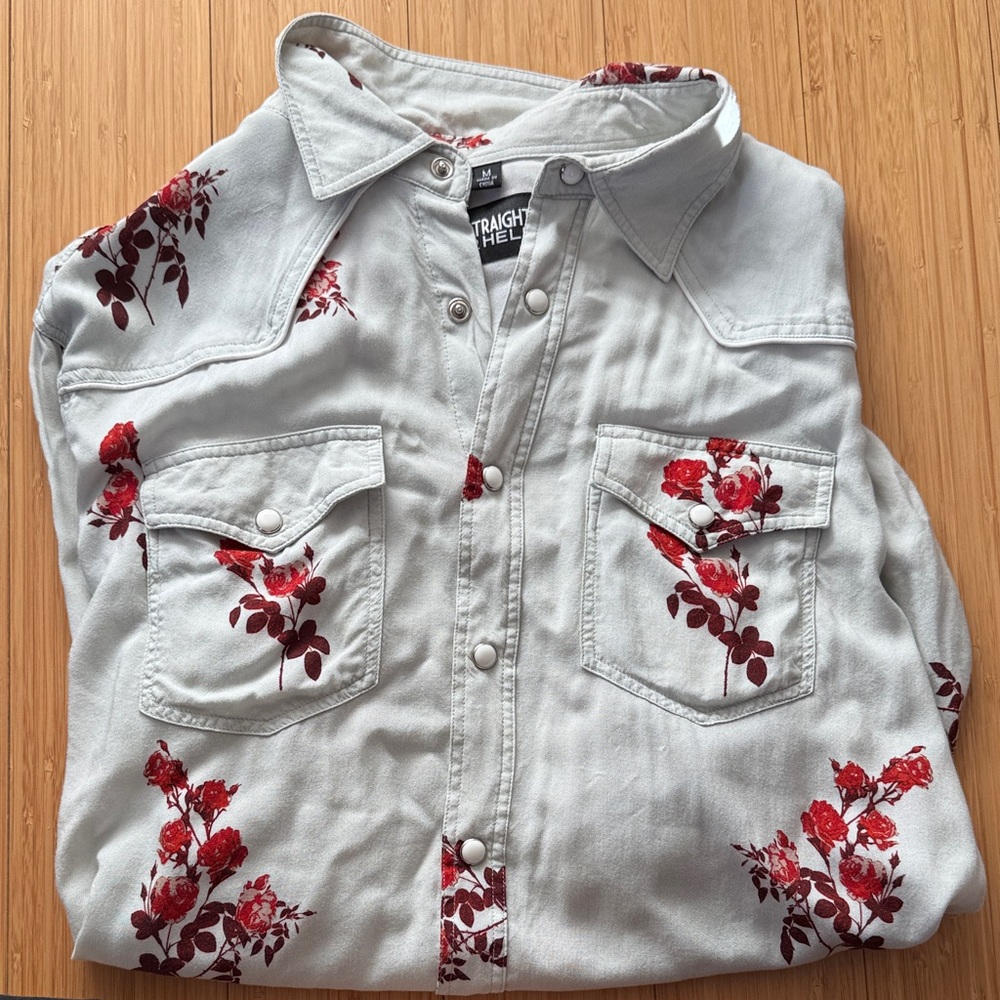 Straight to Hell Men's Floral Casual Button Down Shirt - White and Red